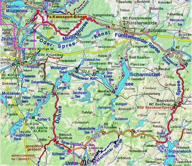 Märkische- of Grosse Umfahrt Augustus 2013. Start in Prieroser Mühle. Overnachting bij de kleurverandering van de routelijn.