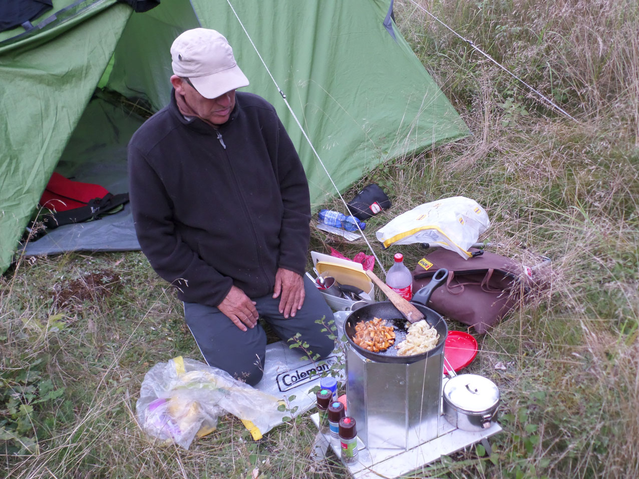 Jan heeft cantarellen gezocht. We eten ze met uitjes, rijst en vis.