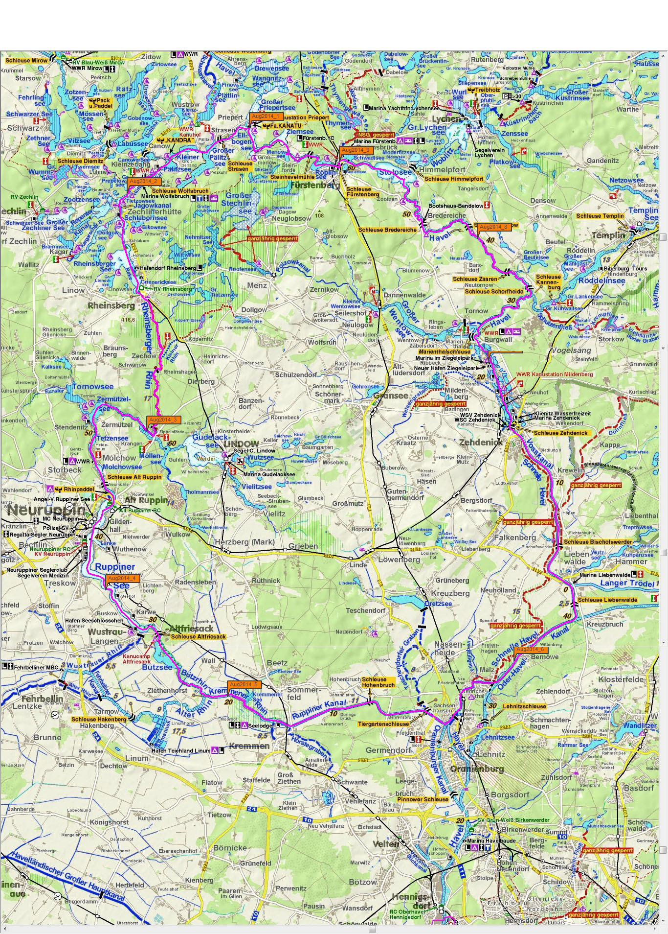 Werkelijk gevaren tocht met overnachtingsplaatsen